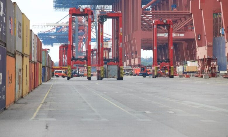 Großeinsatz am Containerhafen: Van-Carrier kippt auf die Seite