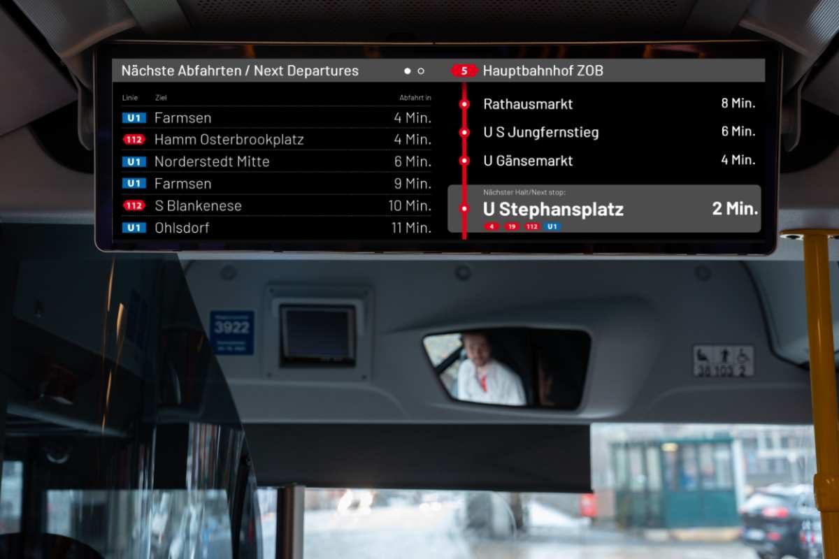 Echtzeitinfos fürs Umsteigen: Bereits 430 HOCHBAHN-Busse mit Doppelmonitoren unterwegs