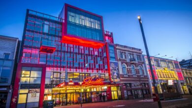 a building with red lights