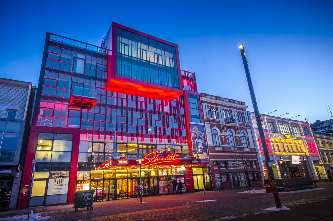 a building with red lights