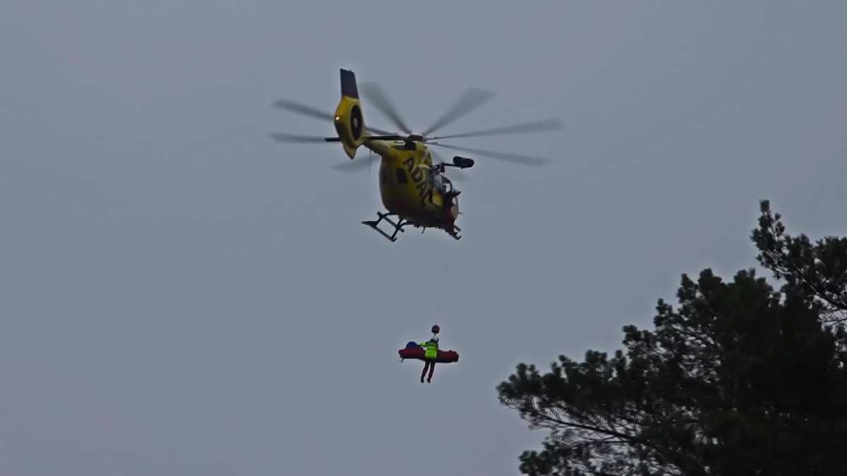 Hubschrauber hebt Verletzten mit Seilwinde aus der Fischbeker Heide