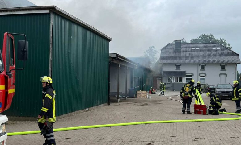 Feuerwehr löscht Scheunenbrand auf Bauernhof bei Stade