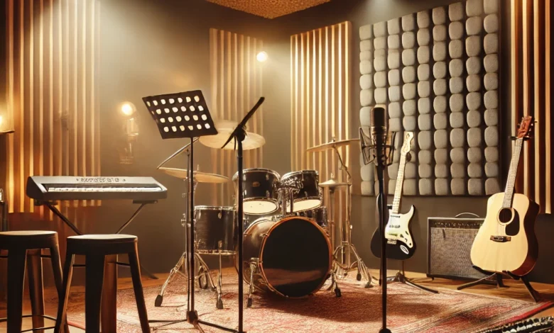 a music studio with a drum set and microphones