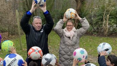 a group of people holding balls