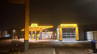 a gas station at night