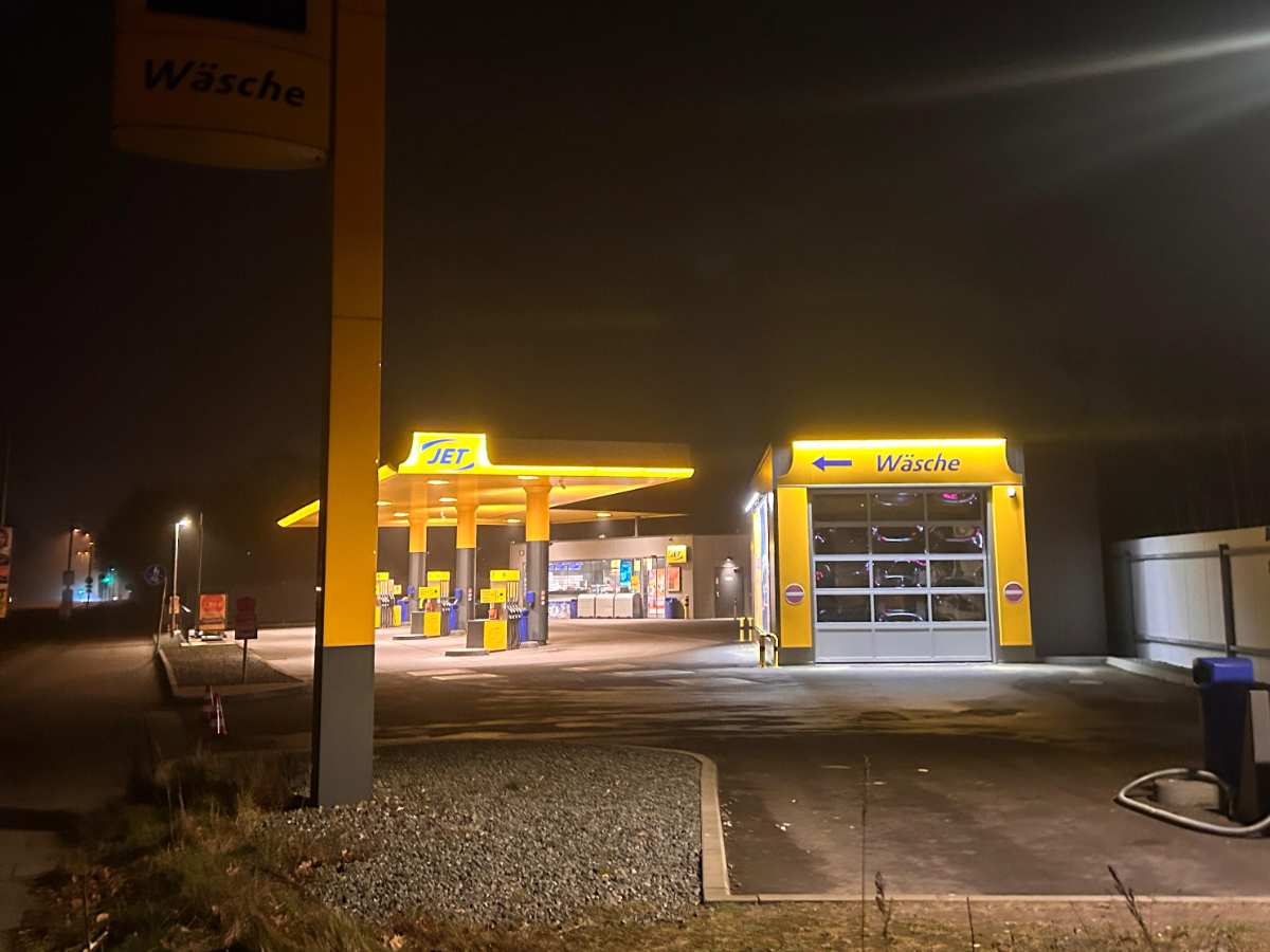 a gas station at night