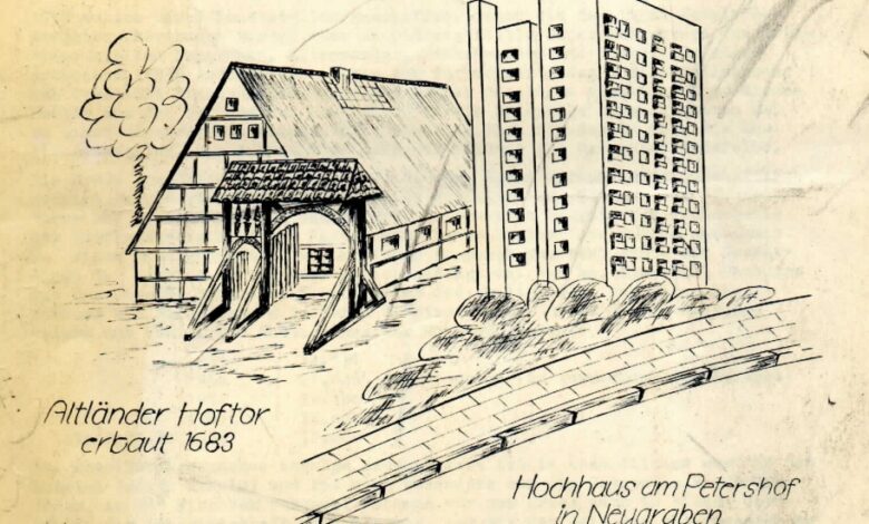 Nach Sturmflut von 1962 : Helmut Schmidt auf Besuch im Ortsamtsbereich Süderelbe 3 a drawing of a building and a bridge