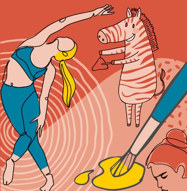 a woman doing gymnastics with a zebra