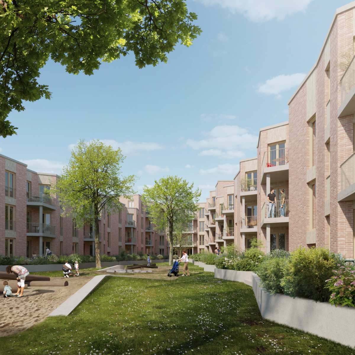 a courtyard with a playground and trees