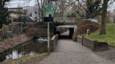 a brick path with a sign on it