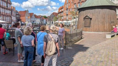 a group of people standing on a brick walkway