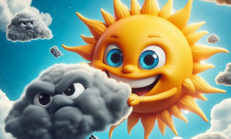 cartoon sun and clouds in the sky