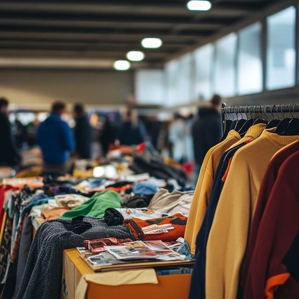 a group of clothes on swingers in a room