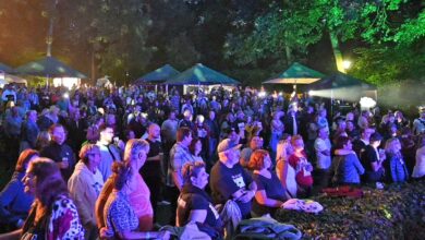 a large crowd of people outside at night