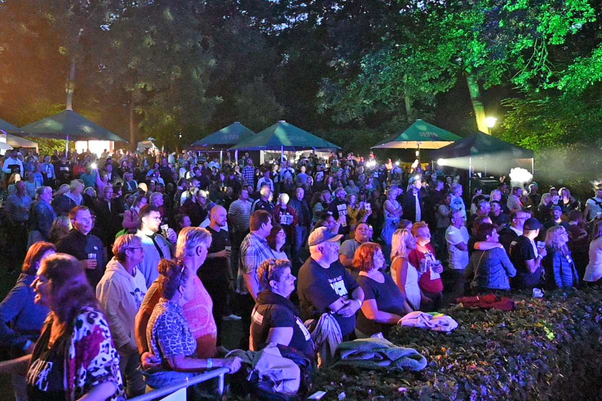 a large crowd of people outside at night