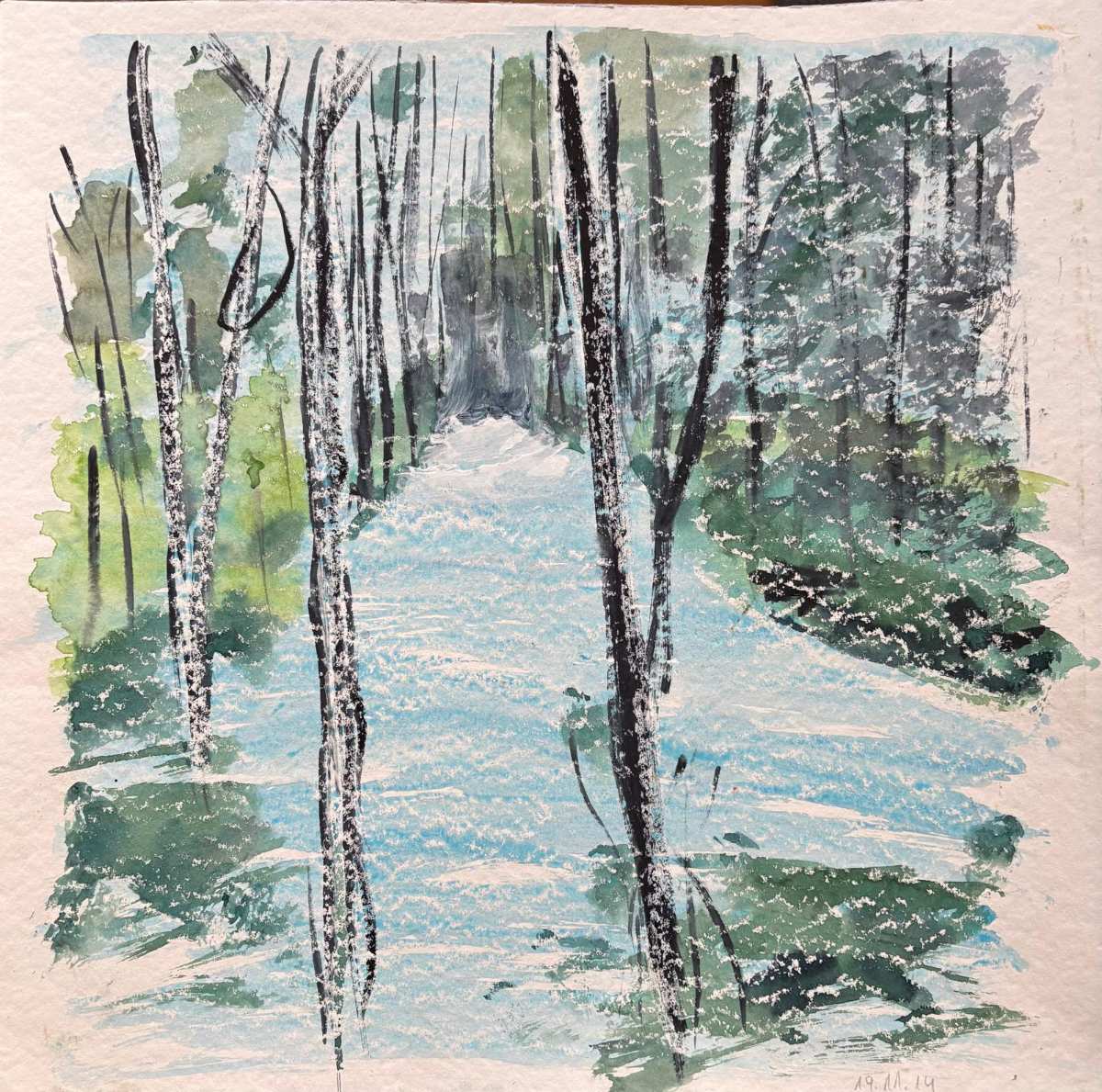 a watercolor painting of a forest