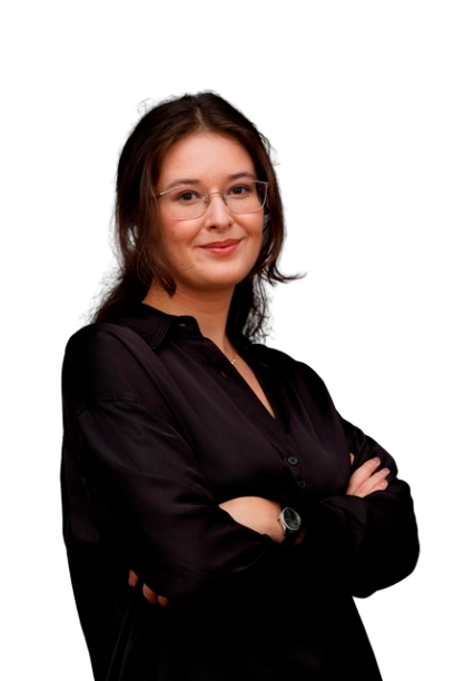 a woman with glasses and a black shirt