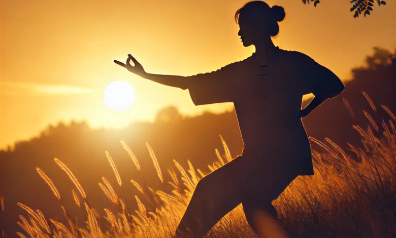 a woman doing tai chi in a field