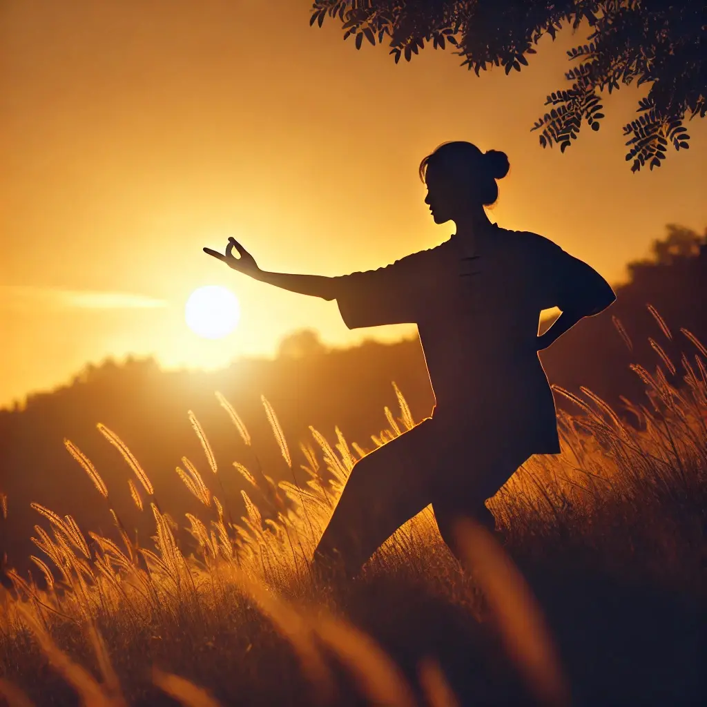 a woman doing tai chi in a field
