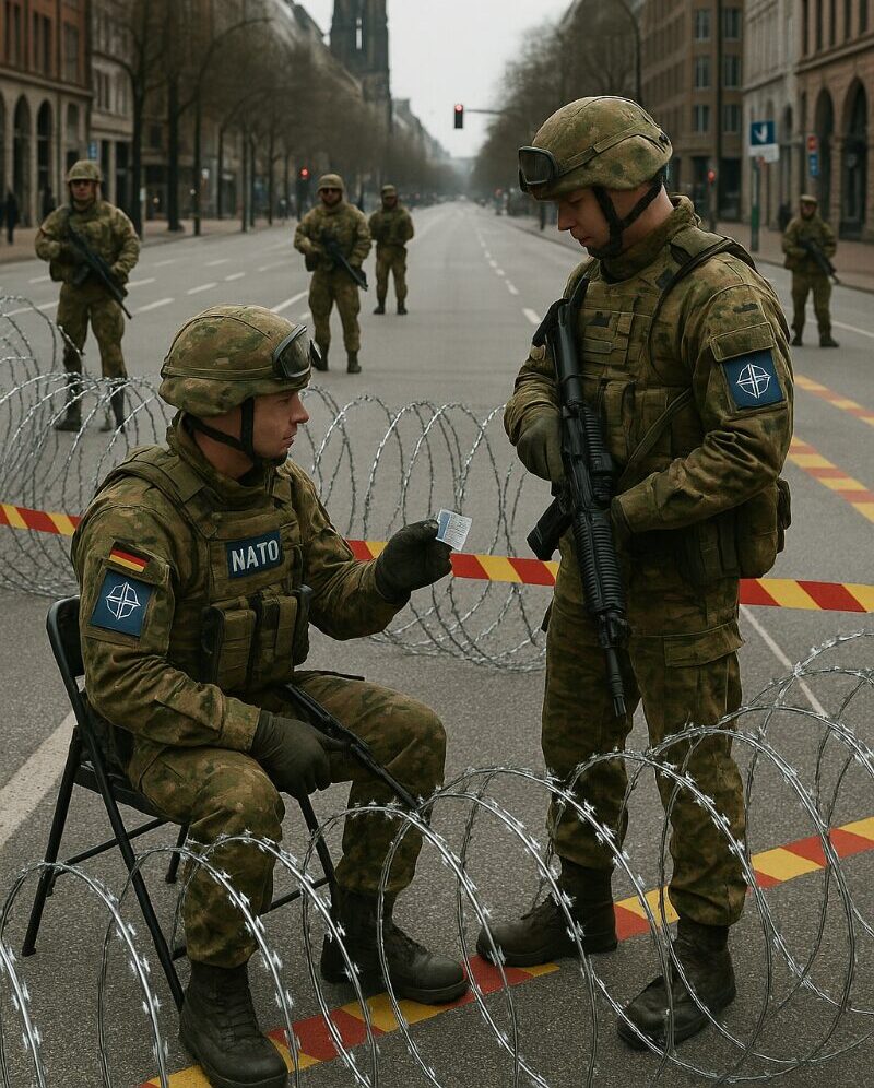 a group of soldiers in military uniforms standing in a street