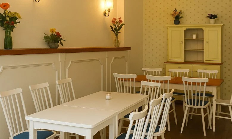a room with white tables and chairs