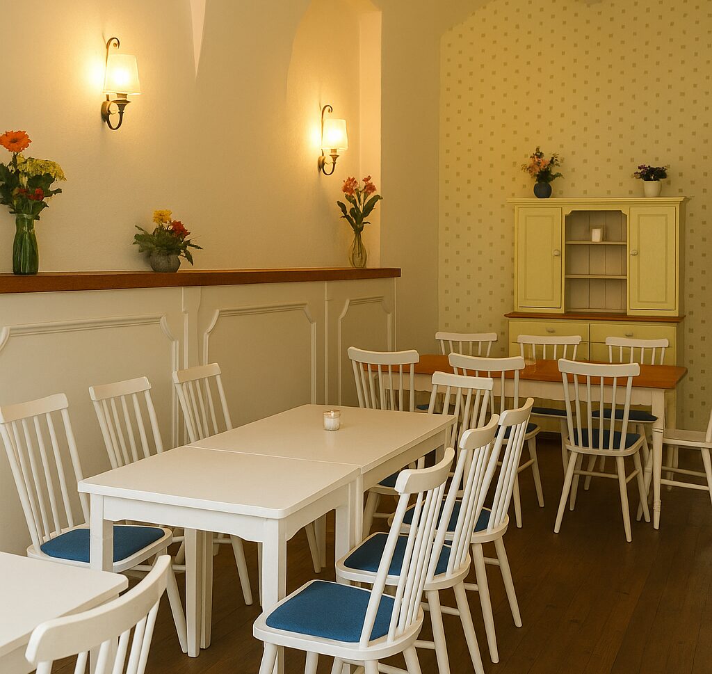 Redaktionsfrühstück „Deich&Heide“: Gemeinsam für mehr Resilienz im Bezirk Harburg 1 a room with white tables and chairs
