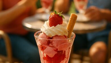 a glass of ice cream with strawberries and whipped cream on a table