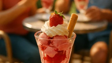 a glass of ice cream with strawberries and whipped cream on a table