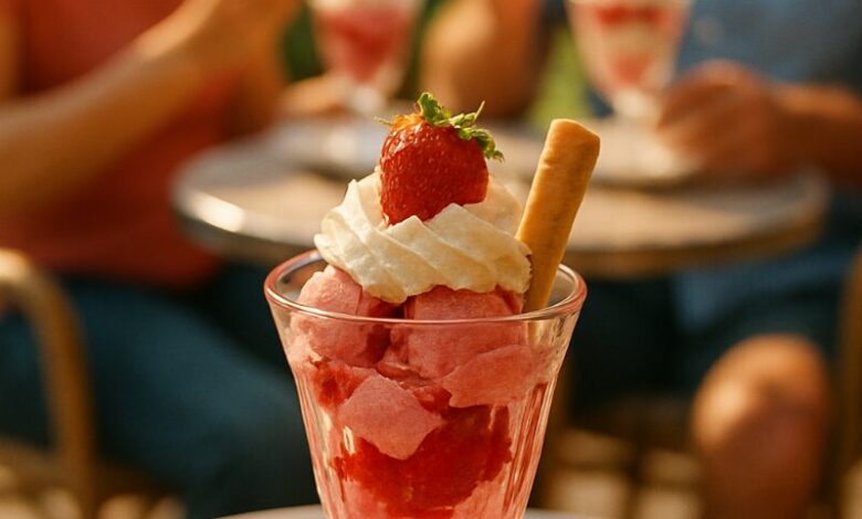 a glass of ice cream with strawberries and whipped cream on a table
