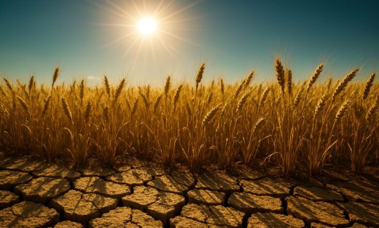 a field of wheat and cracked earth