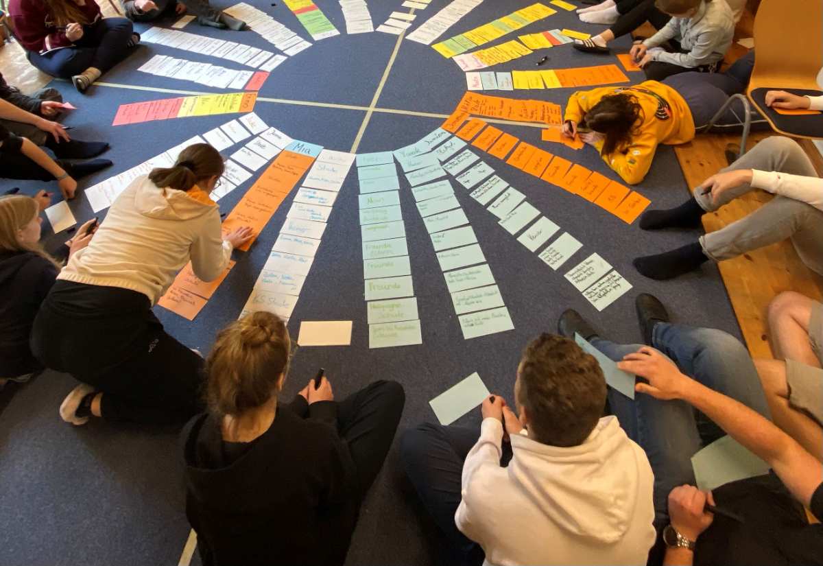 a group of people sitting on the floor with many paper notes