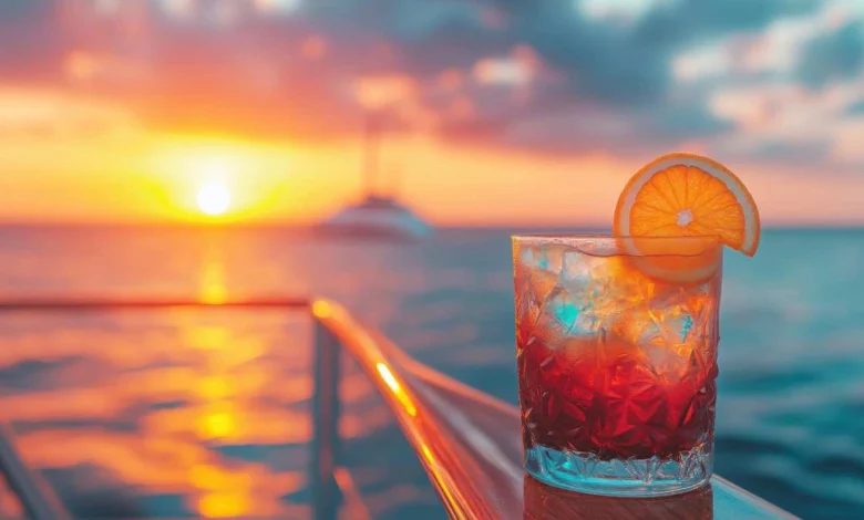 a glass of liquid with a slice of orange on top of it