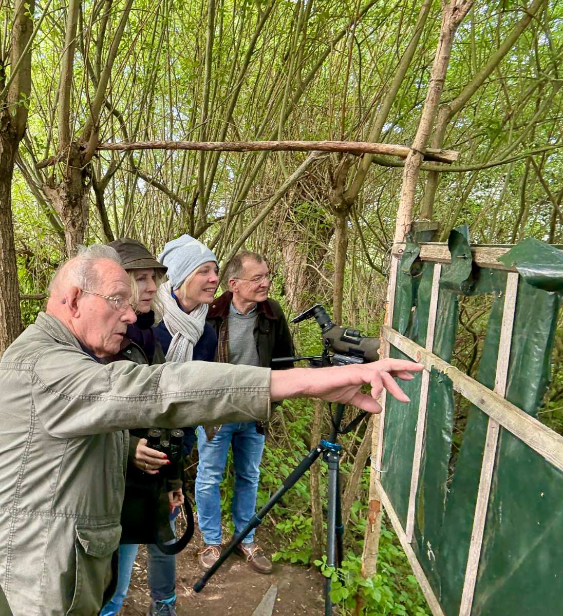 a group of people standing in a forest