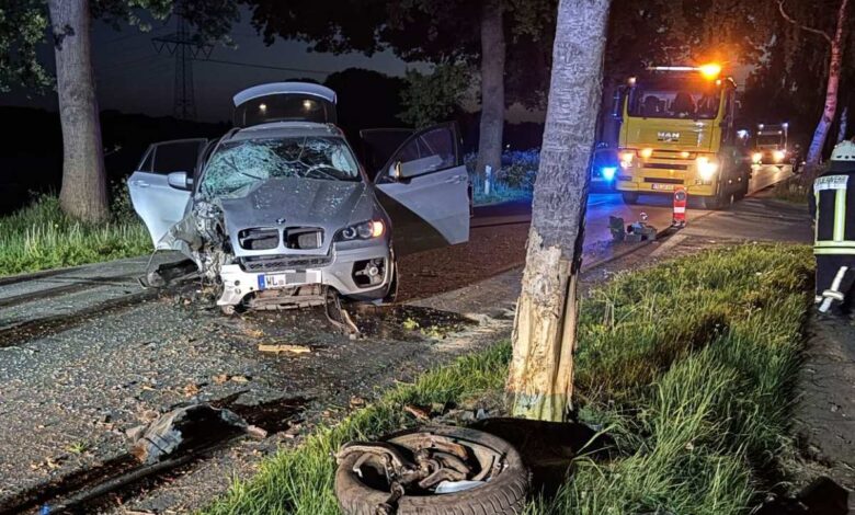 a car crashed into a road with a firetruck and a tree