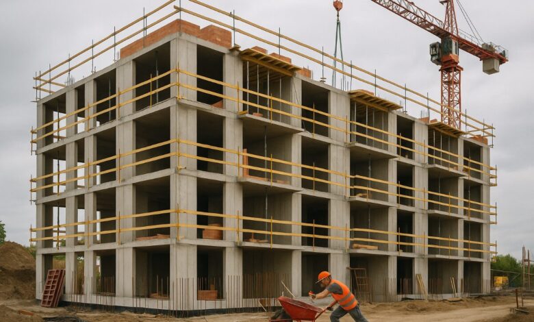 a construction worker pushing a wheelbarrow in front of a building