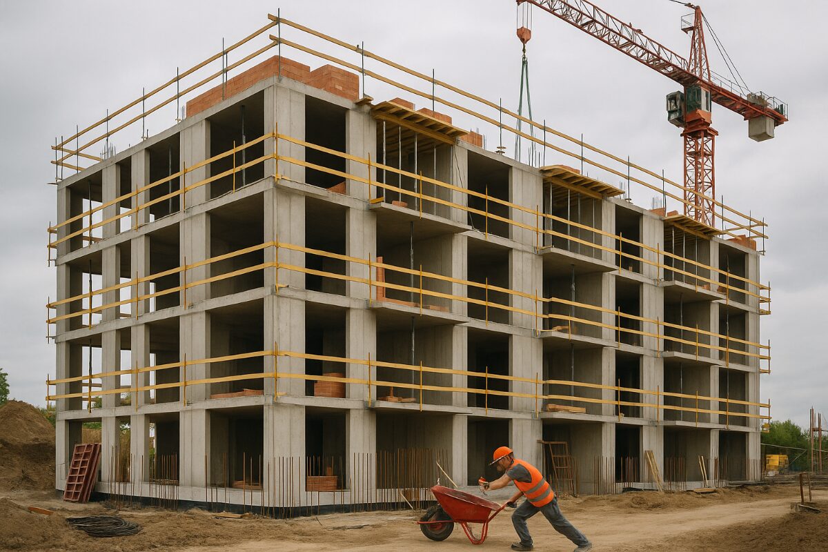 a construction worker pushing a wheelbarrow in front of a building