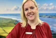 a woman in a red shirt