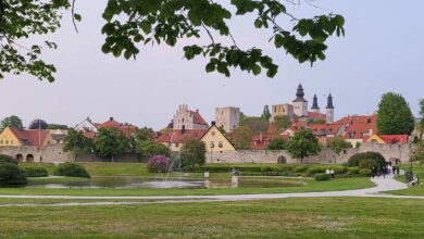 a pond with a fountain in front of Almedalen