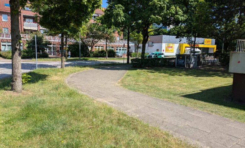 a path in a park with trees and buildings in the background
