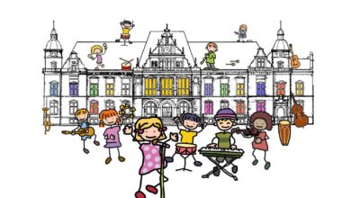 a group of children playing instruments in front of a building