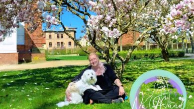 a woman sitting on a bench with a dog under a tree