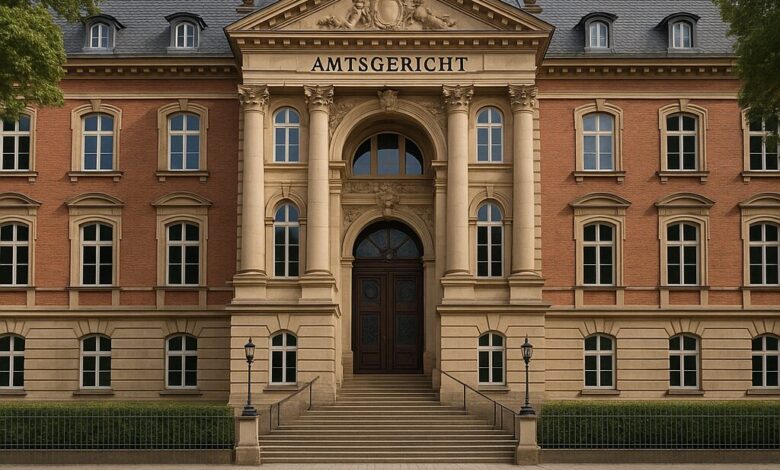 a large building with a street and trees