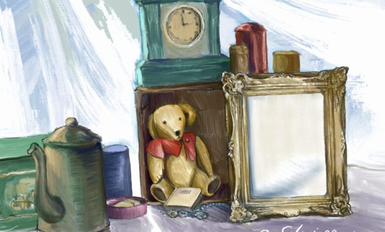 a poster with a teddy bear and a clock