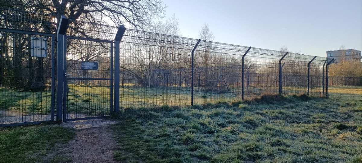 a fence with grass and trees in the background
