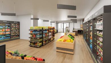a grocery store with shelves of food