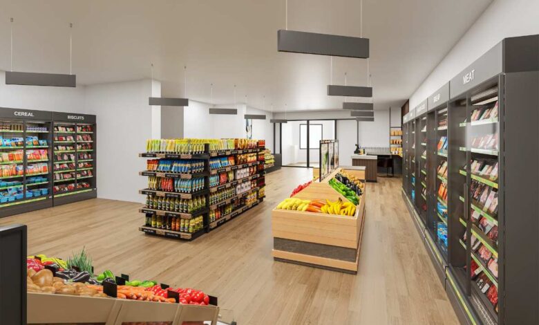 a grocery store with shelves of food