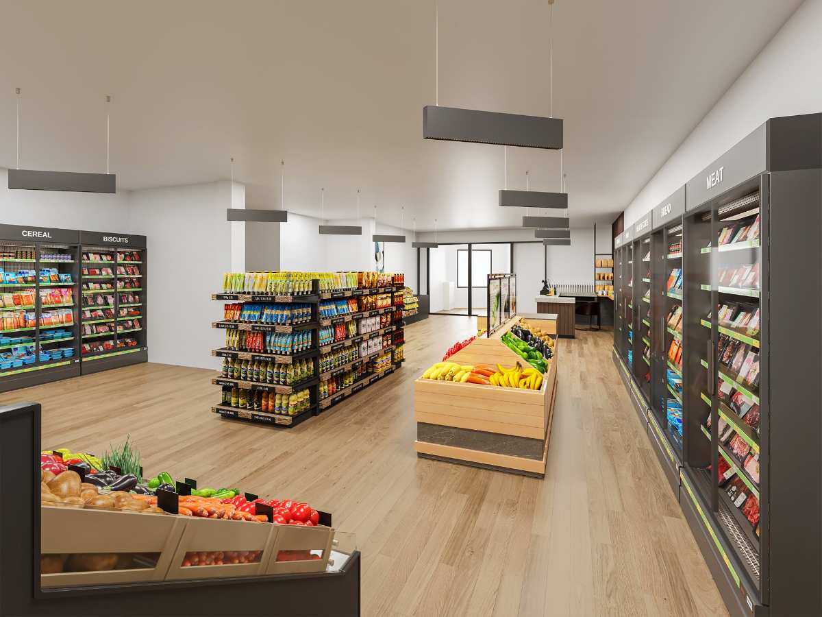 a grocery store with shelves of food