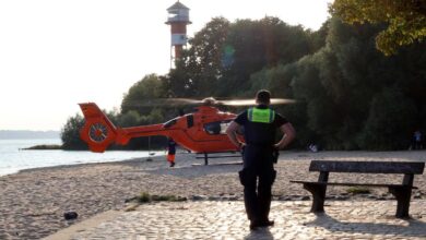 a man standing on a brick path near a helicopter