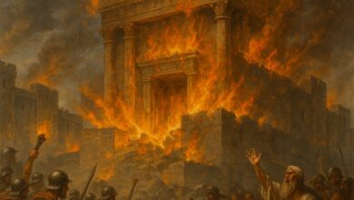 a painting of a building on fire