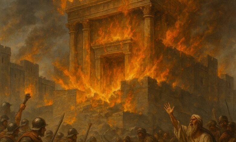 a painting of a building on fire